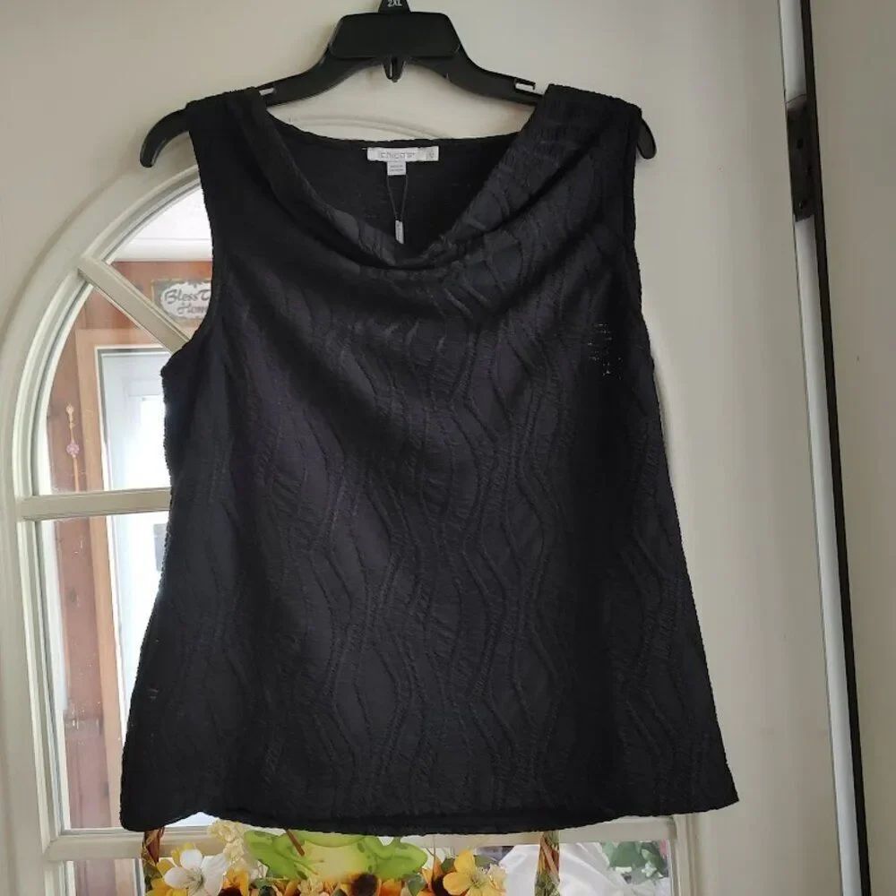 New Chico's Black Textured Cowl Neck Knit Tank Size Women's 1